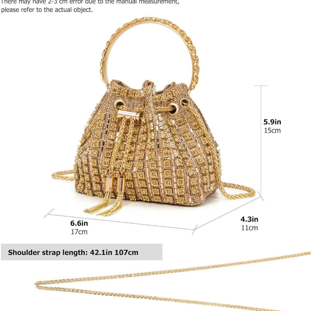 Sparkly Diamond Rhinestone Bucket Bag – Champagne Gold Evening Glam SBL Gold ❤️ - Picture 5 of 16